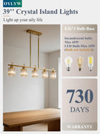 Modern Dining Room Light Fixture Over Table, Crystal Pendant Lights Kitchen Island, Chandeliers for Dining Room Kitchen Light Fixtures (E26) 5-Light Gold