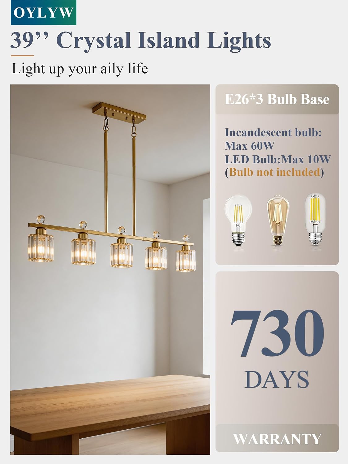 Modern Dining Room Light Fixture Over Table, Crystal Pendant Lights Kitchen Island, Chandeliers for Dining Room Kitchen Light Fixtures (E26) 5-Light Gold