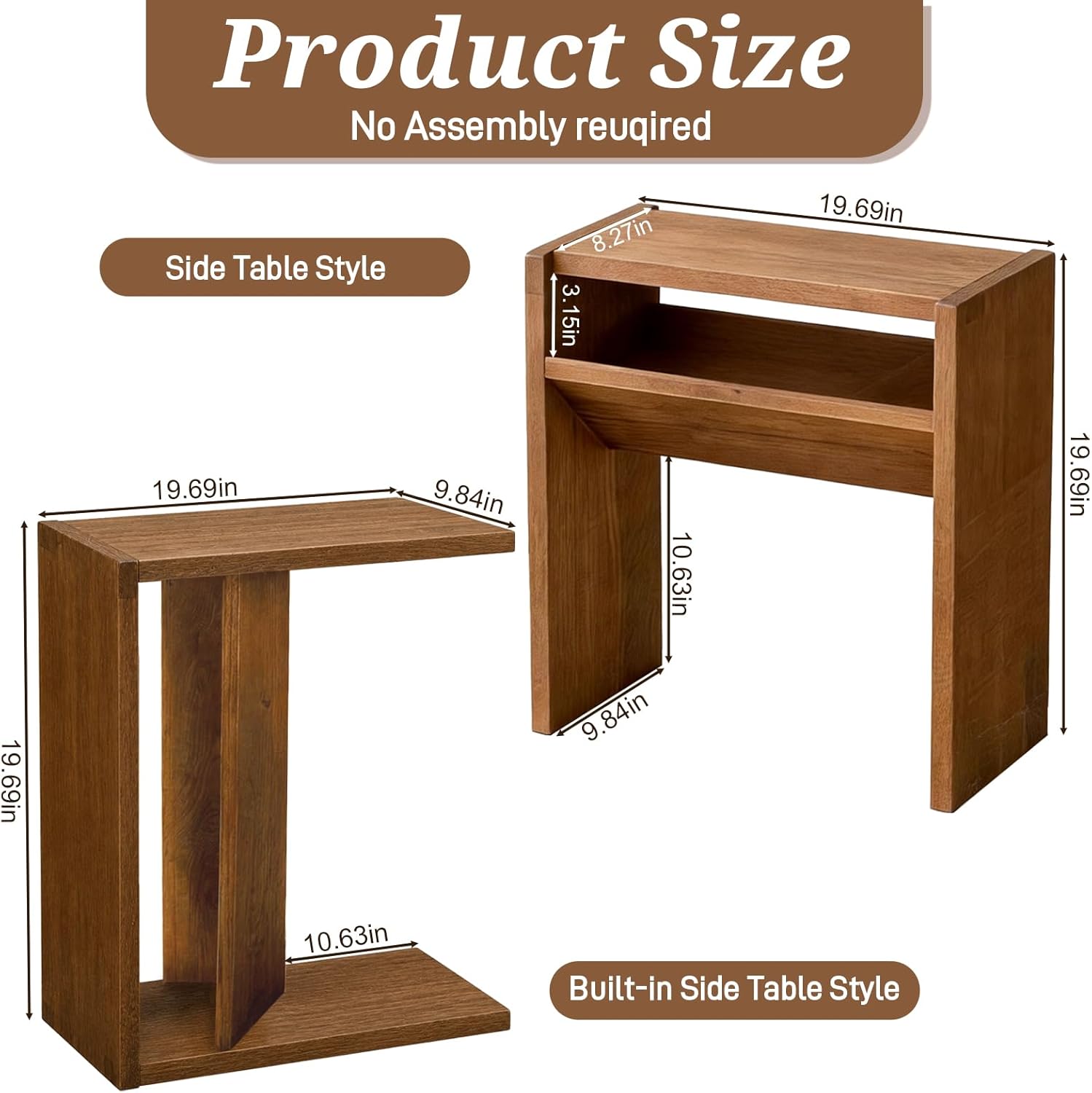 Solid Wood C Shaped End Table for Couch, No Assembly Required Sofa Side Table with Storage Shelf, Small Snack Table Slide Under Couch, Narrow Nightstand for Living Room, Bedroom & Small Spaces