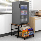 PUNCIA 19.7"x19.7" Mobile Fridge Stand with Foldable Basket, Retro | Rolling Mini Fridge Stand with Lockable Wheels Heavy Duty Refrigerator Cart Appliance Table for Dorm Bedroom Apartment