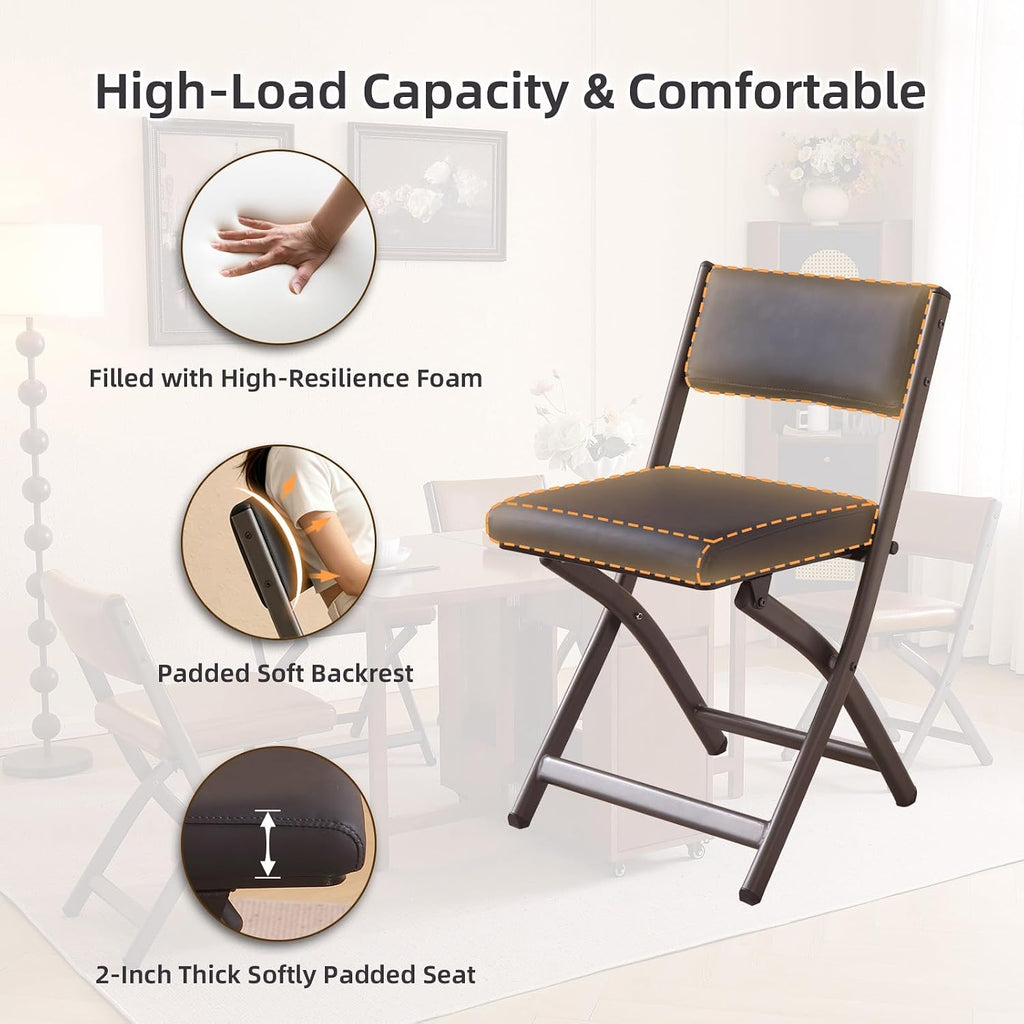 Folding Chairs with Cushion 2 Pack, High-Resilience Foam, Black | 450LBS Capacity, 2-Inch Thick Cushion, 4.7" Folded, Foldable Dining Chairs for Kitchen Dining Room Wedding Office Party