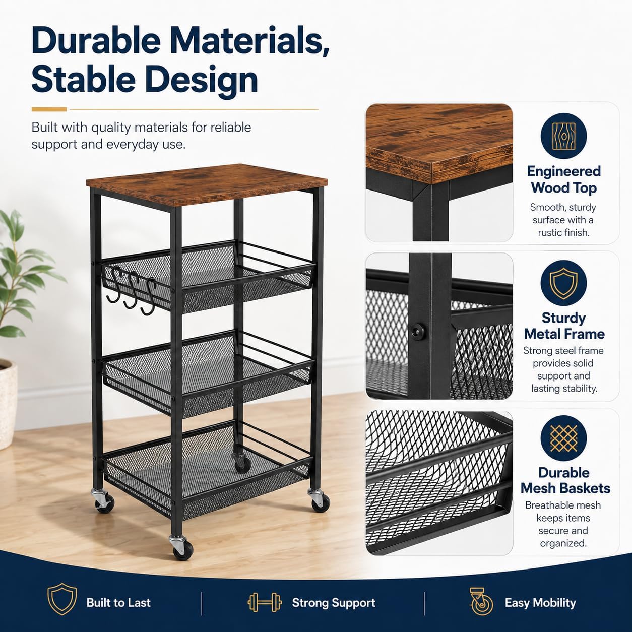 Homleke 4-Tier Rolling Kitchen Storage Cart, Utility Cart with Wooden Tabletop & Metal Baskets, Fruit Vegetable Basket for Kitchen, 3-S Hooks, Rustic Brown and Black