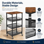 Homleke 4-Tier Rolling Kitchen Storage Cart, Utility Cart with Wooden Tabletop & Metal Baskets, Fruit Vegetable Basket for Kitchen, 3-S Hooks, Rustic Brown and Black