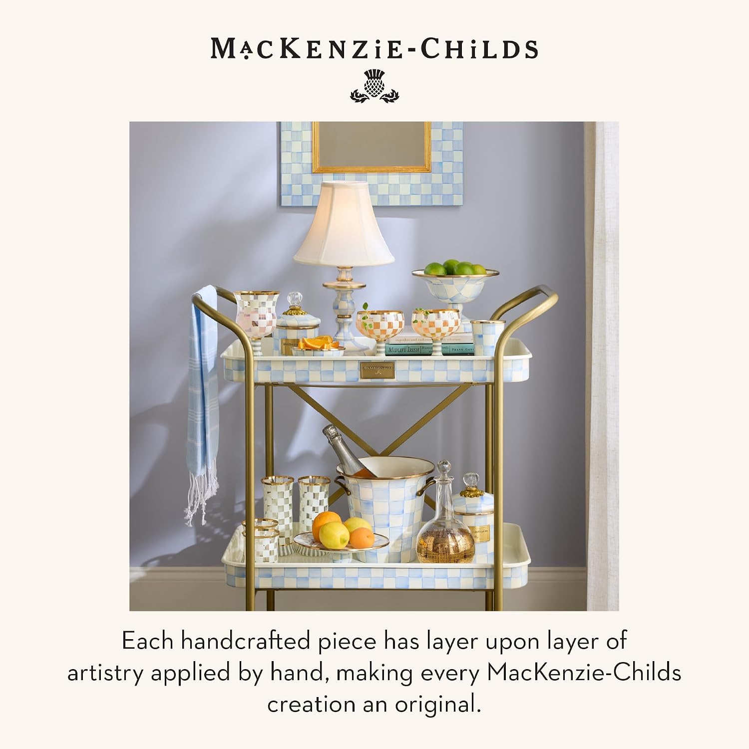 MACKENZIE-CHILDS Enamel Canister, Kitchen Storage Container with Lid, Small, 38-Ounce Capacity, Light-Blue-and-White Sky Check