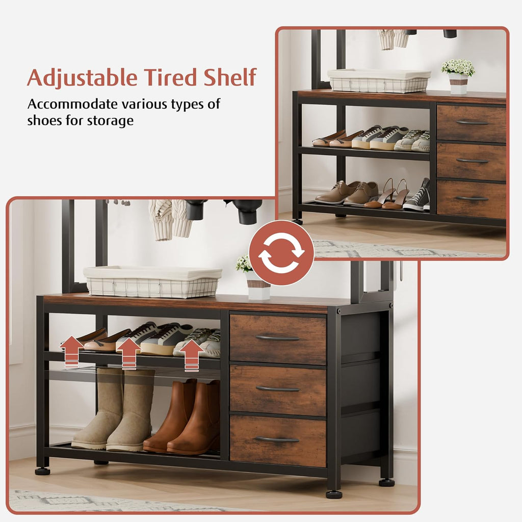 Lulive Hall Tree with Bench and Shoe Storage, 31.5" Coat Rack Freestanding with 2-Tier Storage Shelf, 6-in-1 Entryway Bench Coat Rack with 12 Hooks and 3 Drawers(Rustic Brown)