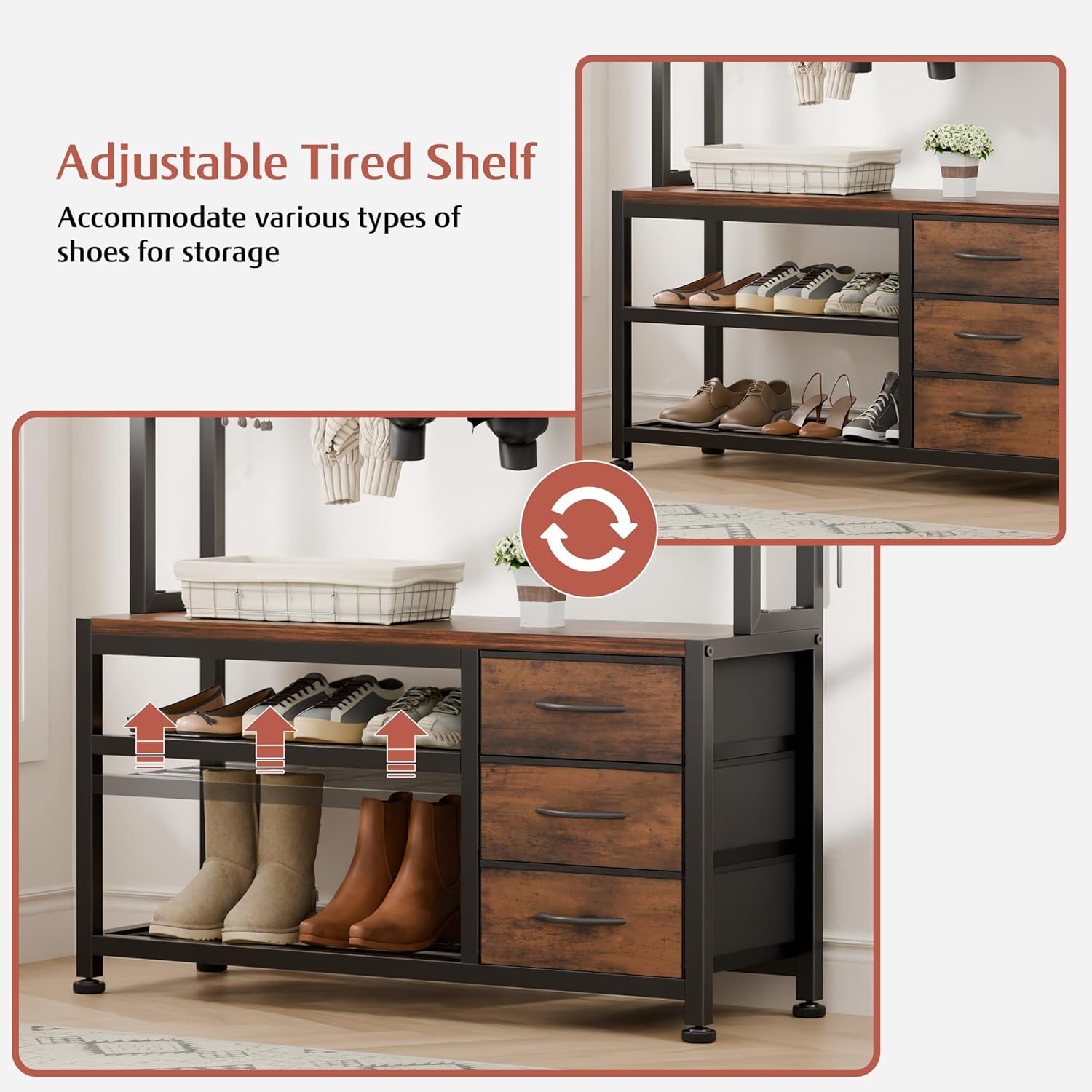 Lulive Hall Tree with Bench and Shoe Storage, 31.5" Coat Rack Freestanding with 2-Tier Storage Shelf, 6-in-1 Entryway Bench Coat Rack with 12 Hooks and 3 Drawers(Rustic Brown)