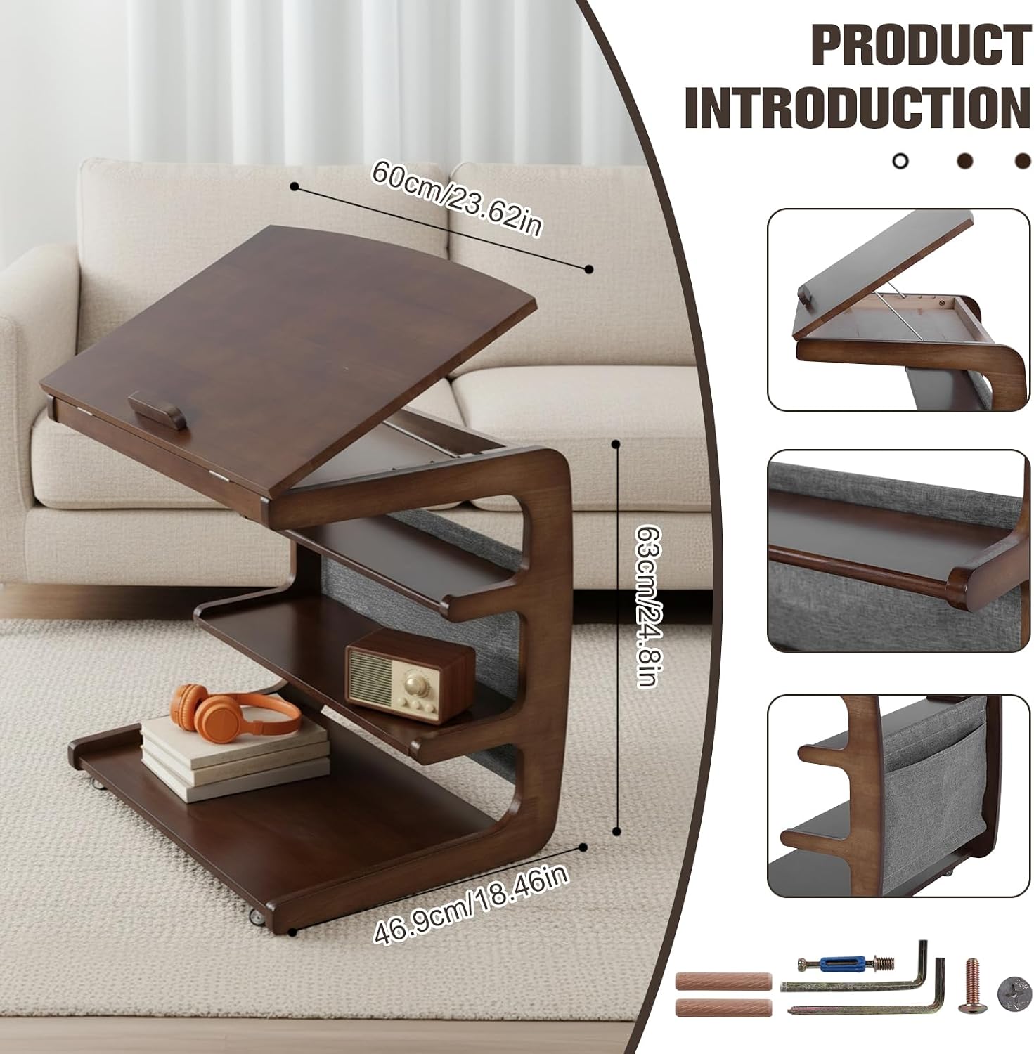 Wooden C-Shaped End Table with 2 Lockable Wheels 4-Tier Small Side Table with Storage Bag Adjustable Desktop 360 Degree Swivel TV Tray for Living Room Bedroom Use
