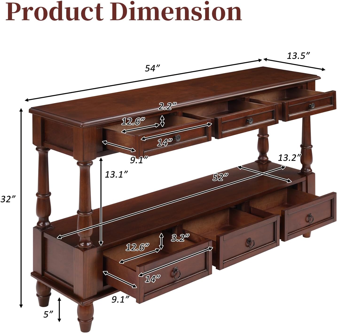 Vintage Solid Wood Console Table with 6 Drawers - 54" Hallway Sofa Table with Bottom Shelf for Entrance, Living Room & Foyer, Cherry