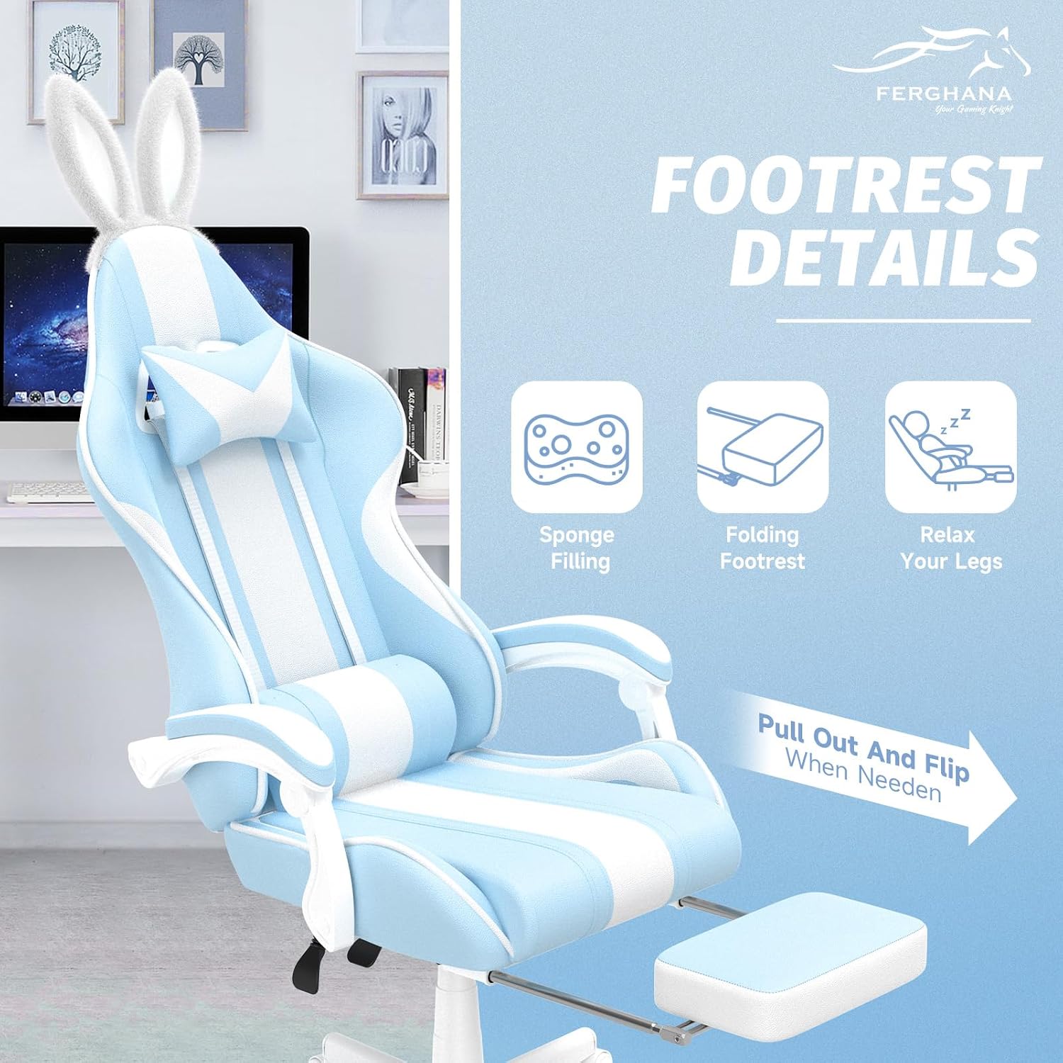 Ferghana Kawaii Bunny Ears Gaming Chair, Cute Gamer Chair with Footrest and Massage, Leather Ergonomic Computer Game Chairs for Girls Adults Teens Kids Light Blue