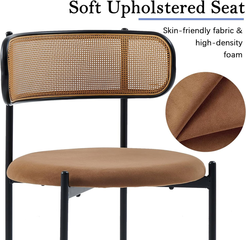 Rattan Dining Chairs Set of 6, Mid Century Modern Dining Chairs with Cane Back and Boucle Upholstered Seat, Farmhouse Kitchen Chairs for Dining Room and Living Room, Brown