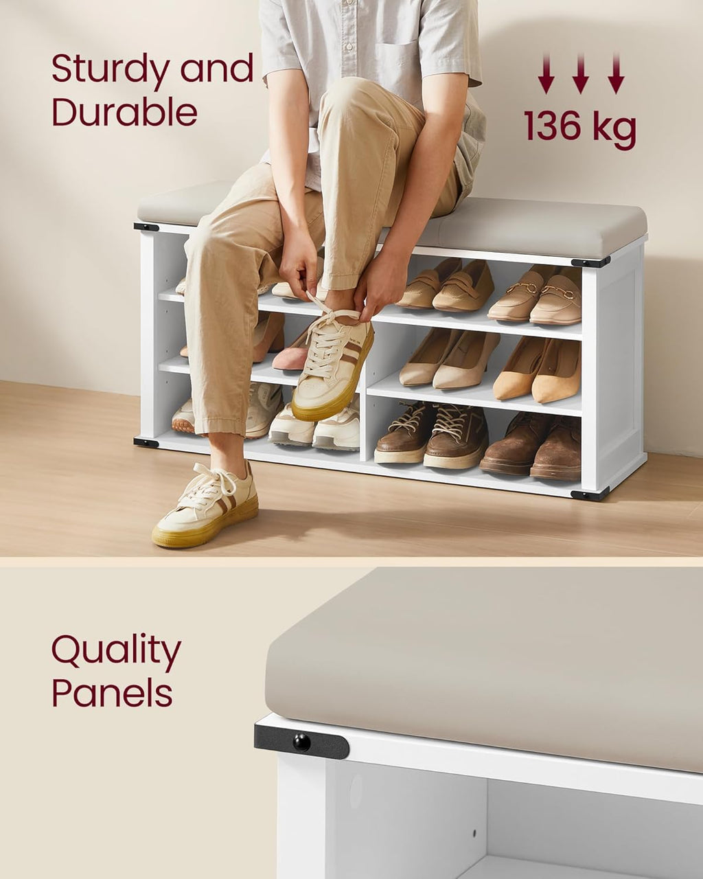 VASAGLE LIRY Collection - Shoe Storage Bench with Removable Cushion, Shoe Rack with Padded Seat, Entryway Bench with 6 Open Compartmens, Adjustable Shelves, Cloud White ULSB105W01