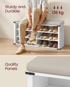 VASAGLE LIRY Collection - Shoe Storage Bench with Removable Cushion, Shoe Rack with Padded Seat, Entryway Bench with 6 Open Compartmens, Adjustable Shelves, Cloud White ULSB105W01