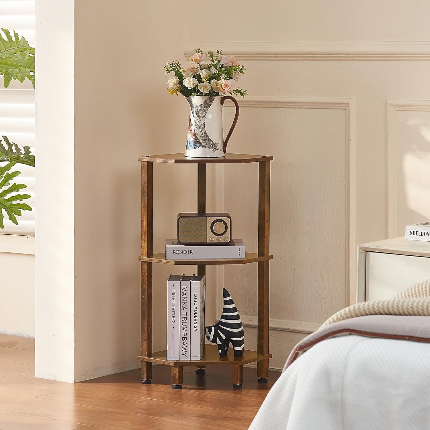 YUFAM 3-Tier Corner Shelf with Sturdy 5-Leg Base, Wooden Corner Bookshelf for Small Spaces, Small Corner Table for Living Room, Bedroom, Office, Brown