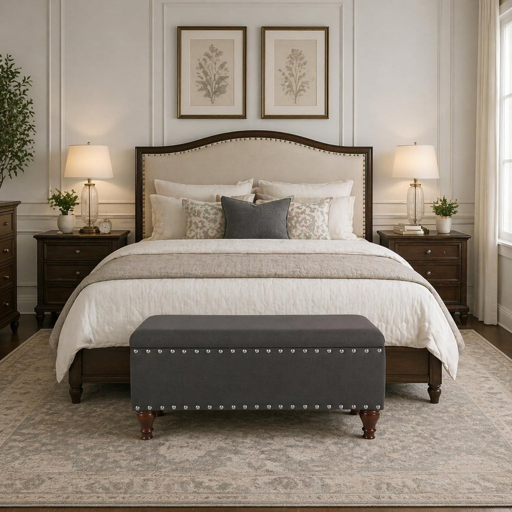 HomePop Upholstered Storage Bench with Nailhead Trim – Charcoal