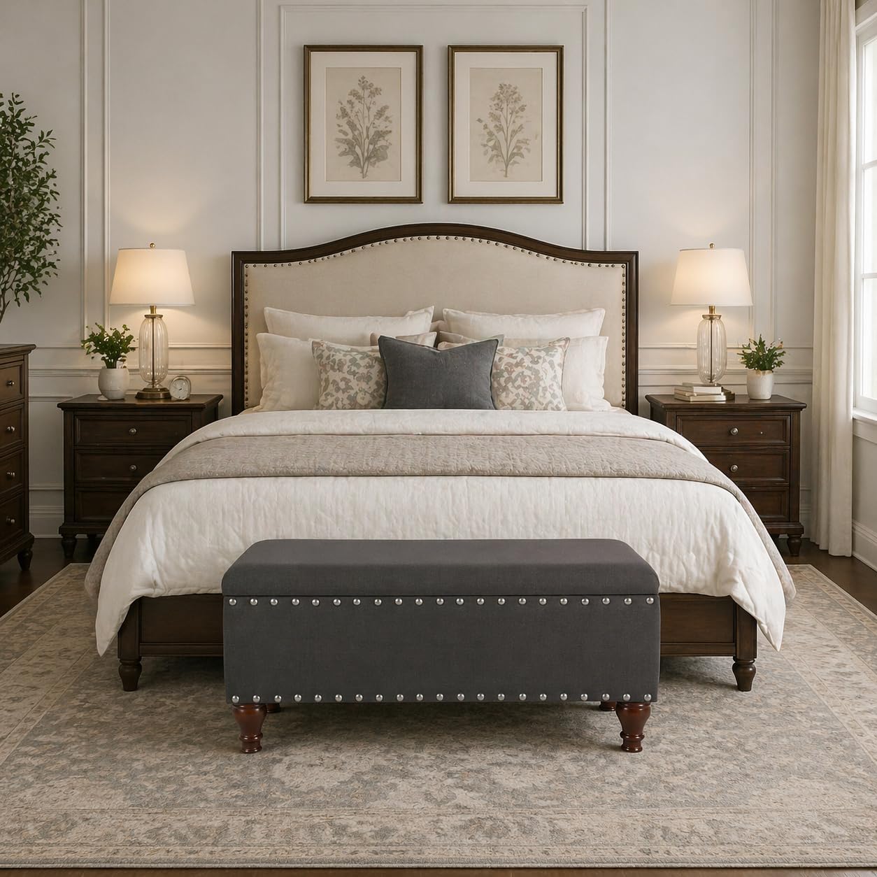 HomePop Upholstered Storage Bench with Nailhead Trim – Charcoal