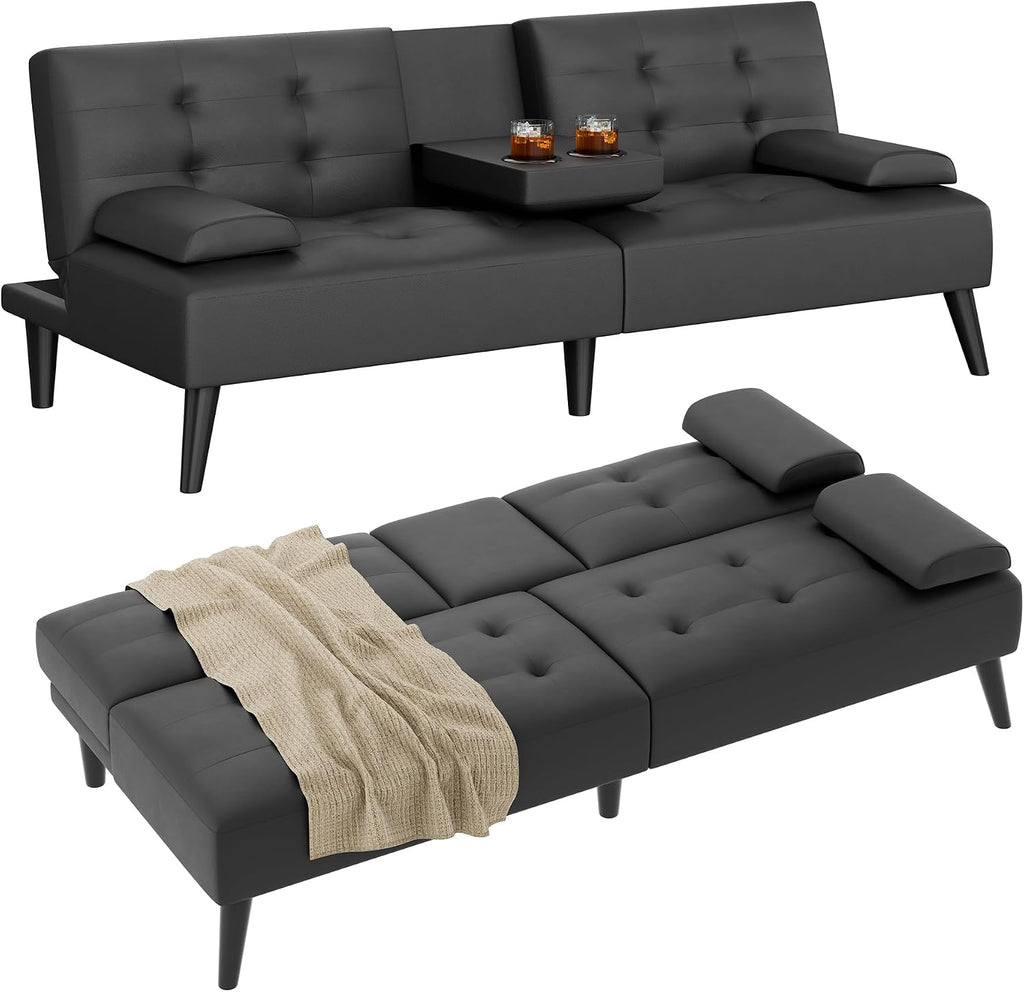 Shintenchi Futon Sofa Bed, Leather Foldable Futon Couch, Reclining Sleeper with Removable Armrests, Upholstered Loveseat Sofa Couch with Folding Cup Holders for Home, Office(Black)