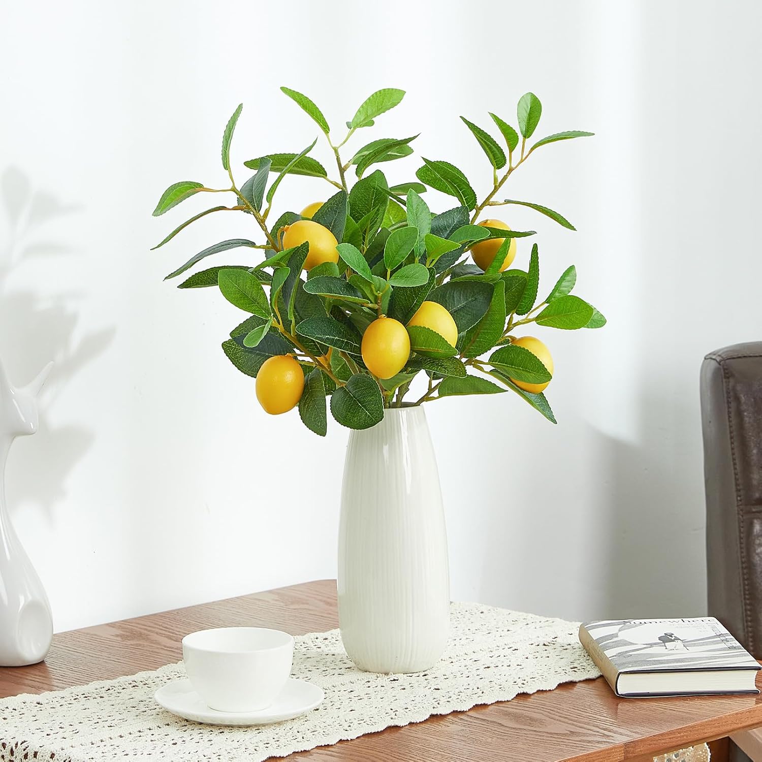Heleze 3 Pcs Artificial Lemons Tree Branches - Faux Greenery Stems Realistic Lemon Branch with Lifelike Leaves Fake Lemon Plant for Home, Dining Table, Kitchen Decor 18 Inch