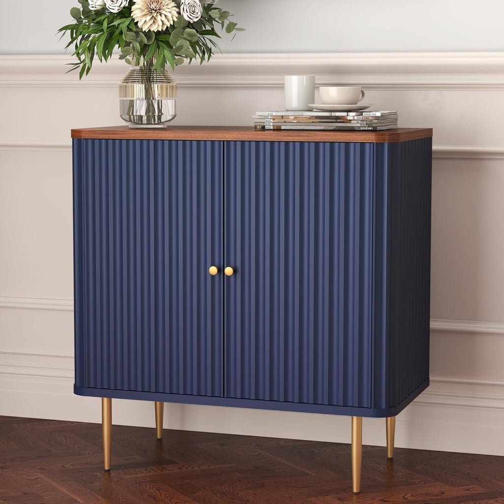 HLR Sideboard Buffet Cabinet with Fluted Texture, Blue Accent Cabinet with 2 Doors, Modern Credenza Storage for Kitchen Living Room, Entryway (Blue, 1 Piece)