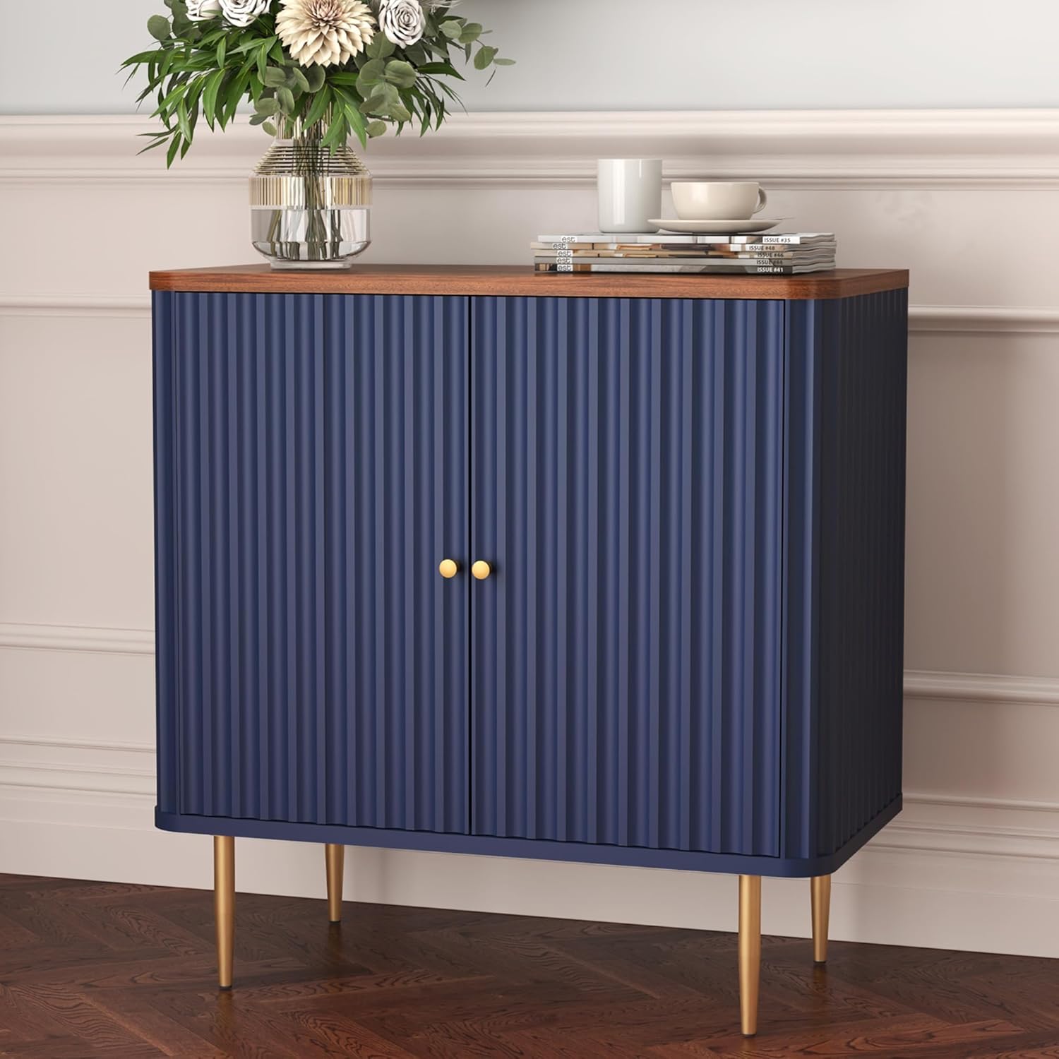 HLR Sideboard Buffet Cabinet with Fluted Texture, Blue Accent Cabinet with 2 Doors, Modern Credenza Storage for Kitchen Living Room, Entryway (Blue, 1 Piece)