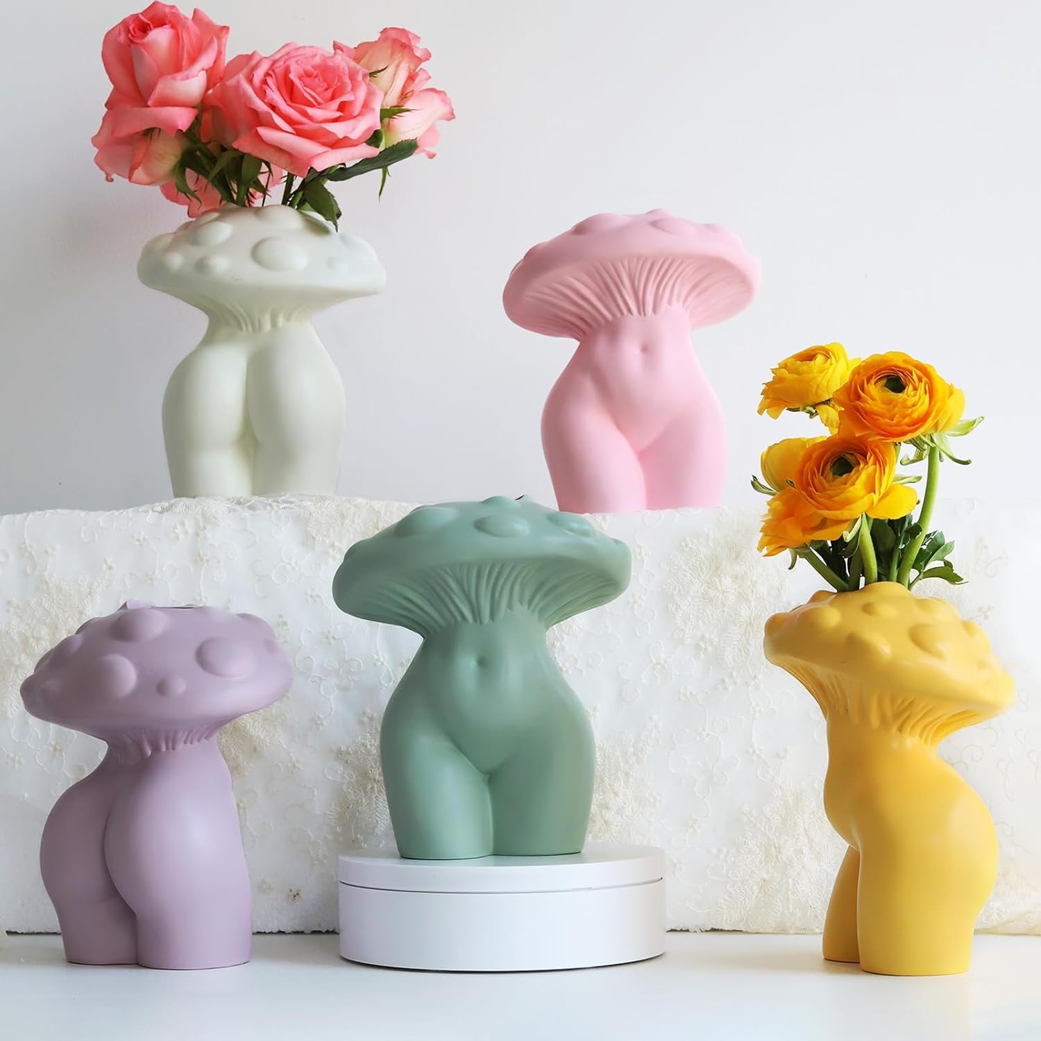 GUGUGO Mushroom Lady Body Vase for Flower, Funky Mushroom Decor, Eclectic Lady Form Butt Vases for Flowers, Unique Cute Face Head Room Decor Aesthetic for Modern Home, Gradient Head & Bronze Body