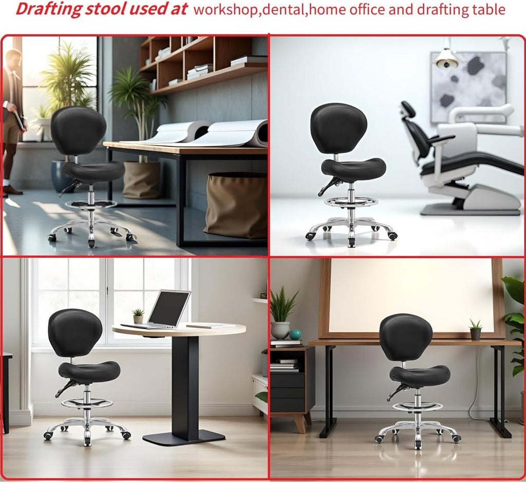 Kaleurrier Adjustable Stool Drafting Chairs: Tall Office Chair for Standing Desk with Backrest & Foot Rest - Ergonomic Drafting Stools with Rolling Wheels for Shop Studio Dental Salon Home(Black)