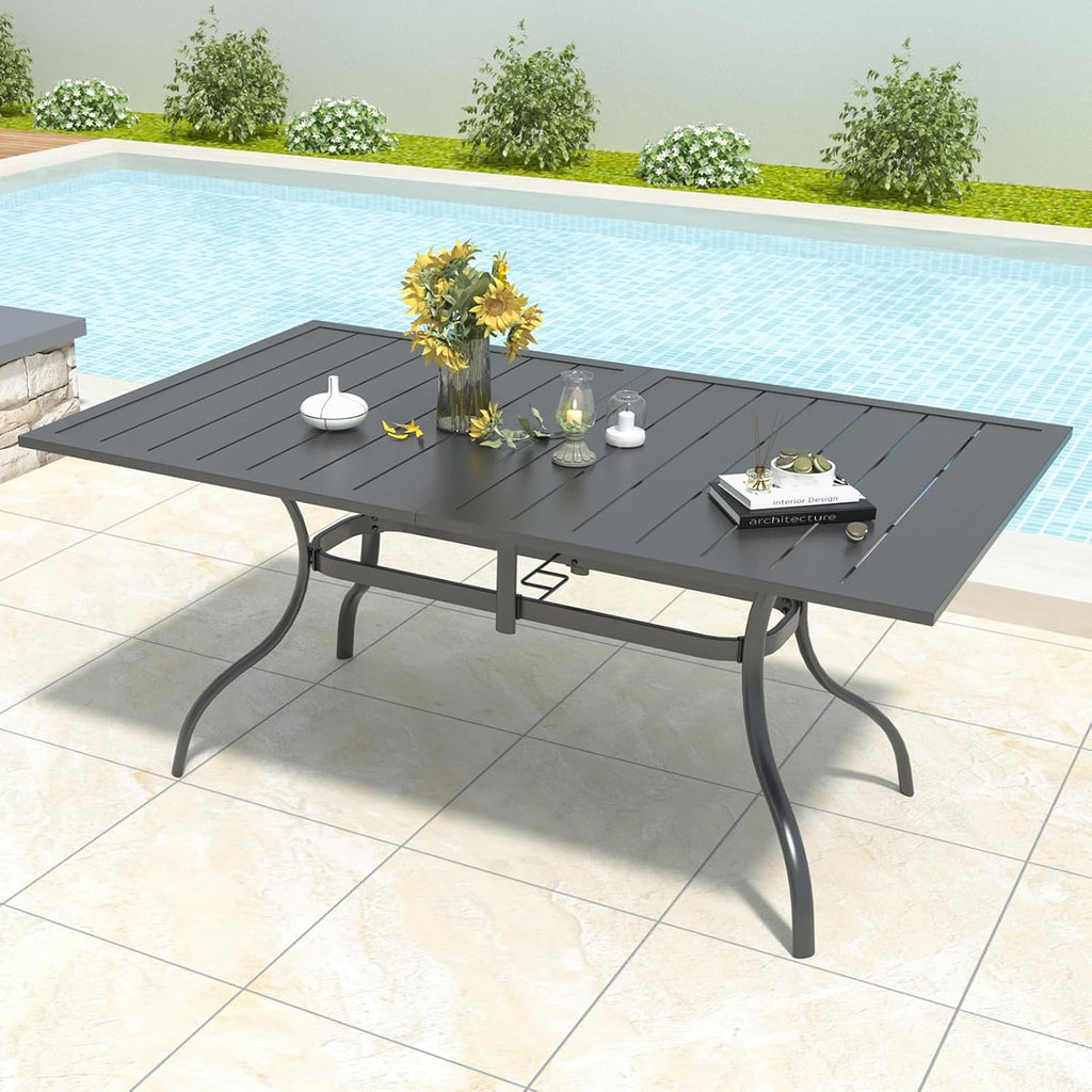Anmutig 63" Rectangular Outdoor Dining Table, Metal Patio Table for 6 | Powder-Coated Steel Frame, Weather-Resistant Design, Slatted Metal Tabletop, Adjustable Umbrella Hole, Patio, Backyard Use