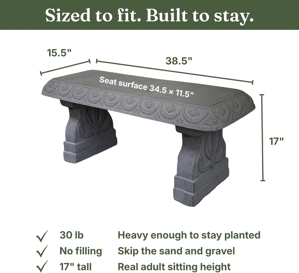 Basalt Grey Garden Bench - Outdoor Benches Weatherproof - Front Porch Seating for Patio Yard - Outdoor Seat Backless Decorative Pedestal Garden Furniture - Realistic Stone Look - Concrete Look