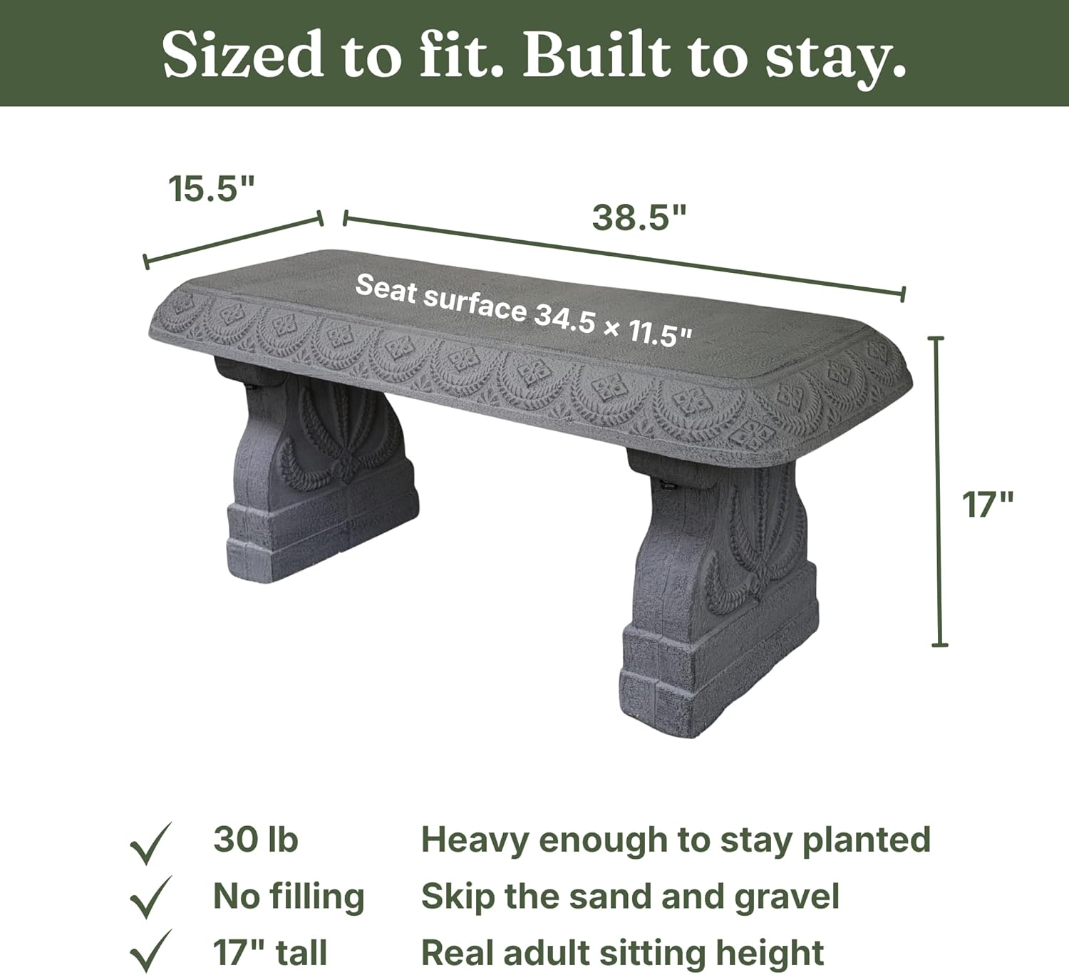 Basalt Grey Garden Bench - Outdoor Benches Weatherproof - Front Porch Seating for Patio Yard - Outdoor Seat Backless Decorative Pedestal Garden Furniture - Realistic Stone Look - Concrete Look