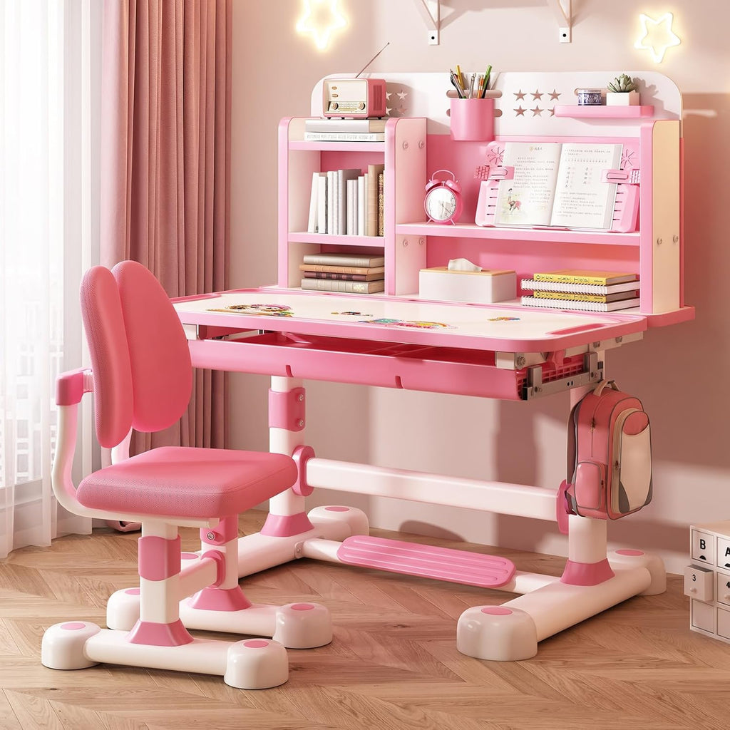 Kids Functional Desk and Chair Set, Ergonomic Height Adjustable Children School Study Desk with Tilt Desktop, Book Stand, Bookshelf, Metal Hook and Storage Drawer for Boys Girls 3-18 Years Old Pink
