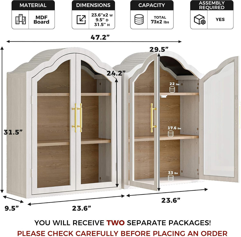 FIMELLO 47.2’’W Wave Design Arched Wall Cabinet, Bathroom Cabinet with Glass Doors Adjustable Shelf, Above Toilet Cabinet, Kitchen Wall Cabinet, Wall Bookshelf, White Grain