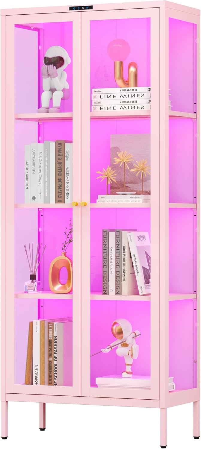 Polup Glass Display Cabinet with Glass Doors, Metal Curio Cabinet with 8-Color LED Lights, 66 Inch Tall Display Case for Collectibles, Pink China Cabinet for Living Room, Assembly Required