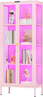 Polup Glass Display Cabinet with Glass Doors, Metal Curio Cabinet with 8-Color LED Lights, 66 Inch Tall Display Case for Collectibles, Pink China Cabinet for Living Room, Assembly Required