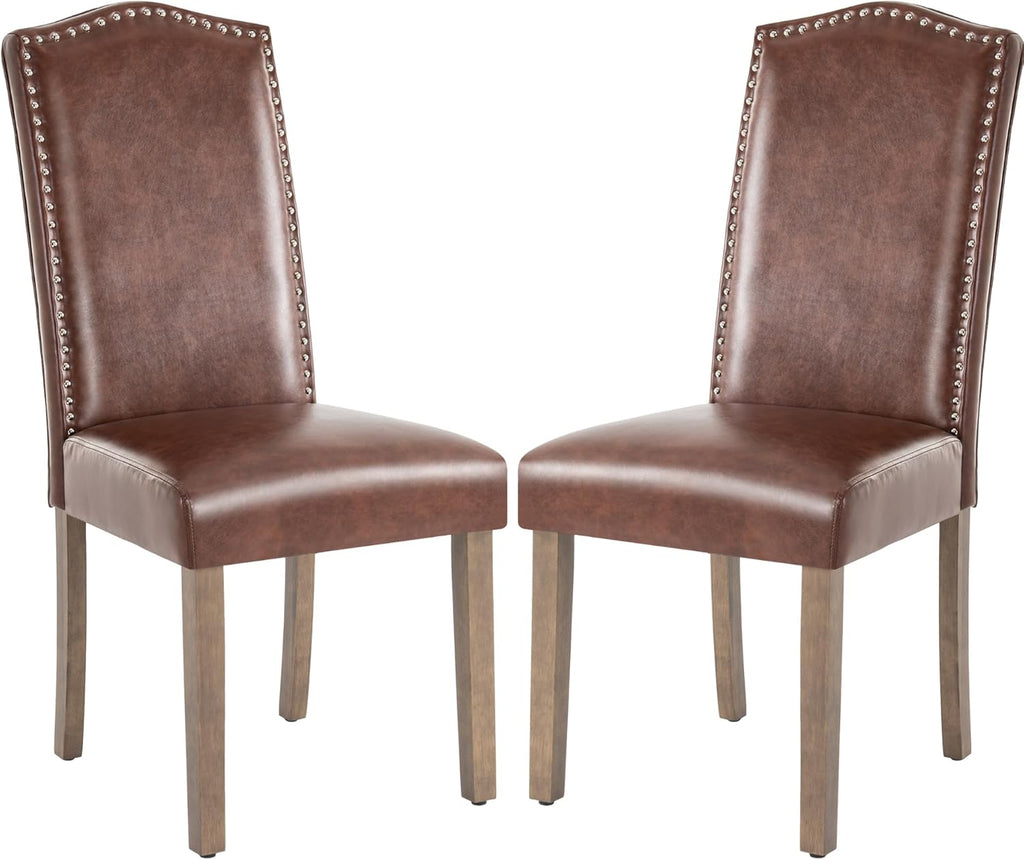 Upholstered Dining Chair Modern Stylish Parsons Kitchen Diner High Back with Silver Nailhead Trim & Wood Legs, Set of 2, PU Leather Dark Brown