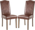 Upholstered Dining Chair Modern Stylish Parsons Kitchen Diner High Back with Silver Nailhead Trim & Wood Legs, Set of 2, PU Leather Dark Brown