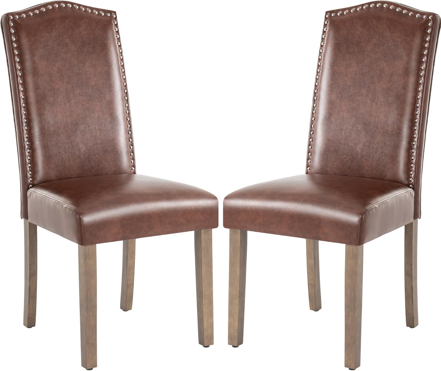 Upholstered Dining Chair Modern Stylish Parsons Kitchen Diner High Back with Silver Nailhead Trim & Wood Legs, Set of 2, PU Leather Dark Brown