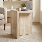 Hyfirm Faux Travertine Side Table for Living Room: Modern Sofa Couch End Table with Silver Metal Support Bar Small Accent Table for Bedroom Night Stand Bathroom Small Spaces (Natural Beige)