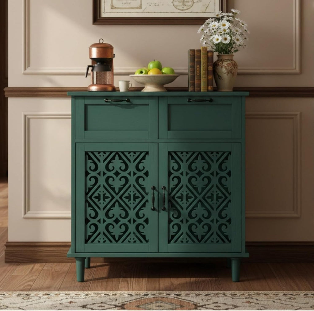 Sideboard Buffet Cabinet, American Farmhouse Green 2 Door 2 Drawer Storage Credenza, Hollow Carved, Living Room Entryway Kitchen Dining Room Console Table, Home Furniture Decor