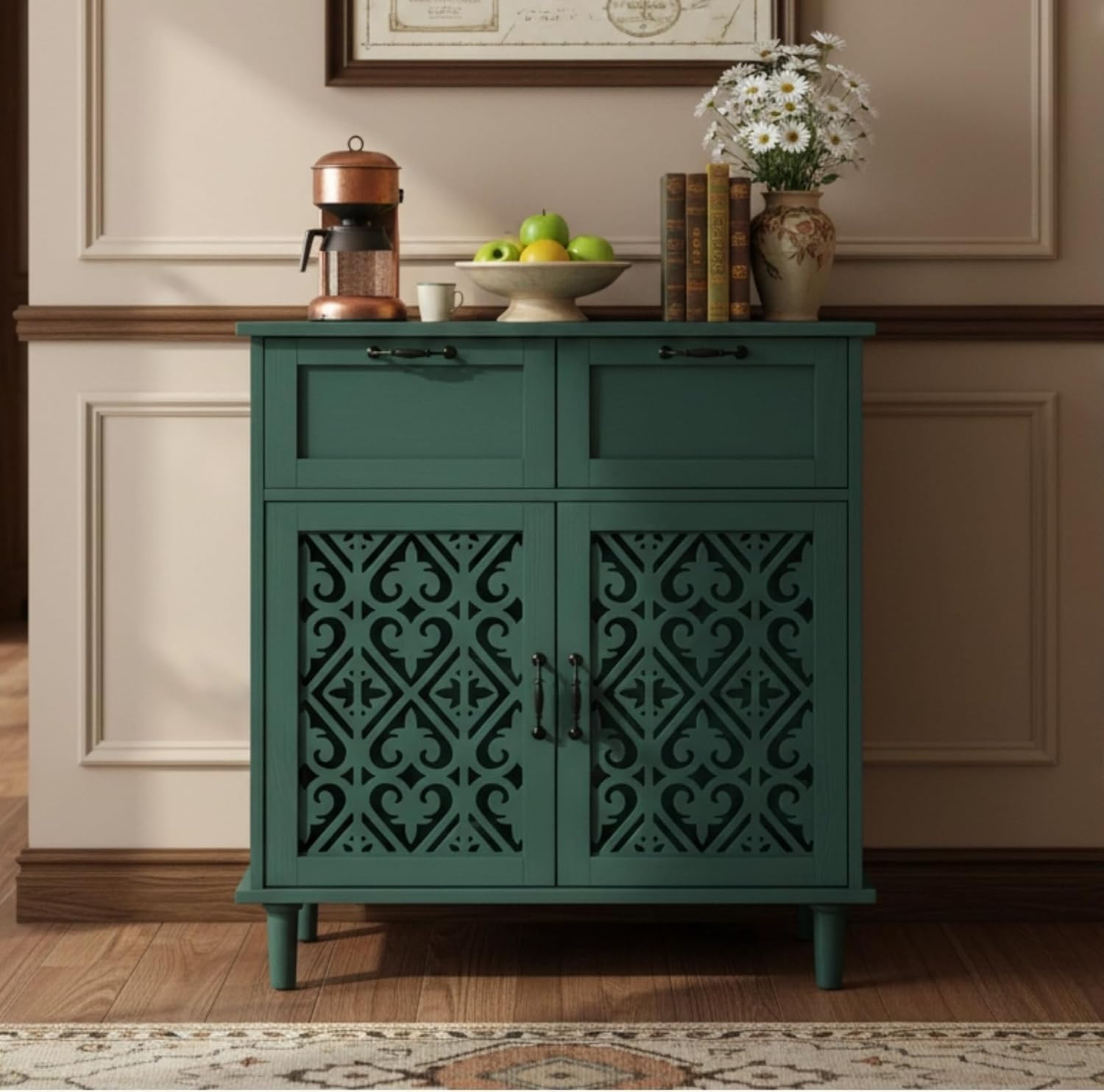 Sideboard Buffet Cabinet, American Farmhouse Green 2 Door 2 Drawer Storage Credenza, Hollow Carved, Living Room Entryway Kitchen Dining Room Console Table, Home Furniture Decor