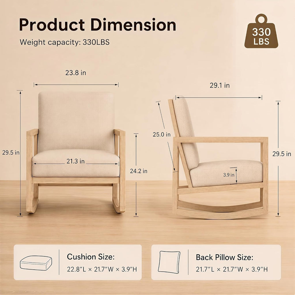 Solid Wood Rocking Chair, Upholstered Nursery Rocker with Removable Washable Cushion and Back Pillow, Comfy Armchair for Living Room, Bedroom, Reading Nook and Baby Feeding, Beige