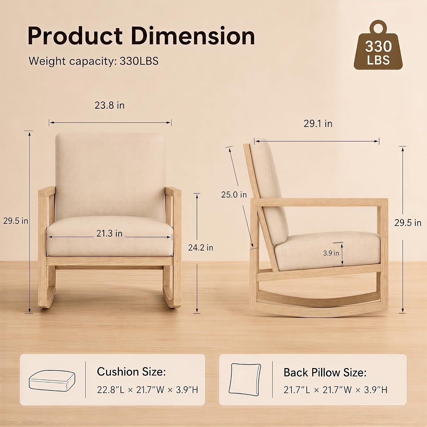 Solid Wood Rocking Chair, Upholstered Nursery Rocker with Removable Washable Cushion and Back Pillow, Comfy Armchair for Living Room, Bedroom, Reading Nook and Baby Feeding, Beige