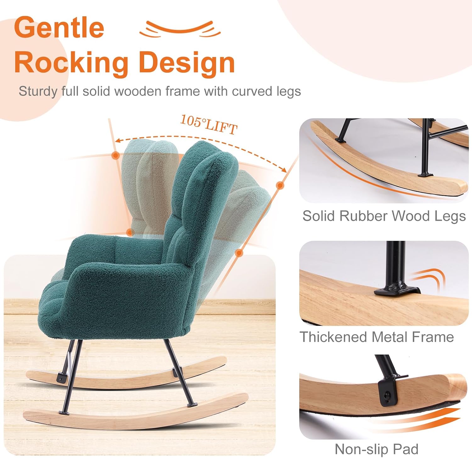 Sweetcrispy Rocking Chair, Teddy Upholstered Glider Rocker with High Backrest, Reading Chair Modern Rocking Accent Chairs Glider Chair for Living Room, Bedroom, Forest Green
