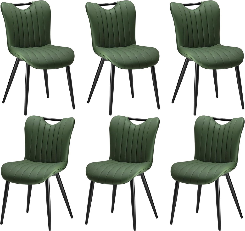 Leather Upholstered Dining Chairs Set of 6, Mid-Century Modern Kitchen Dining Room Chairs with Black Metal Legs, Armless Faux Leather Accent Dinner Chairs Kitchen Side Chairs, Green