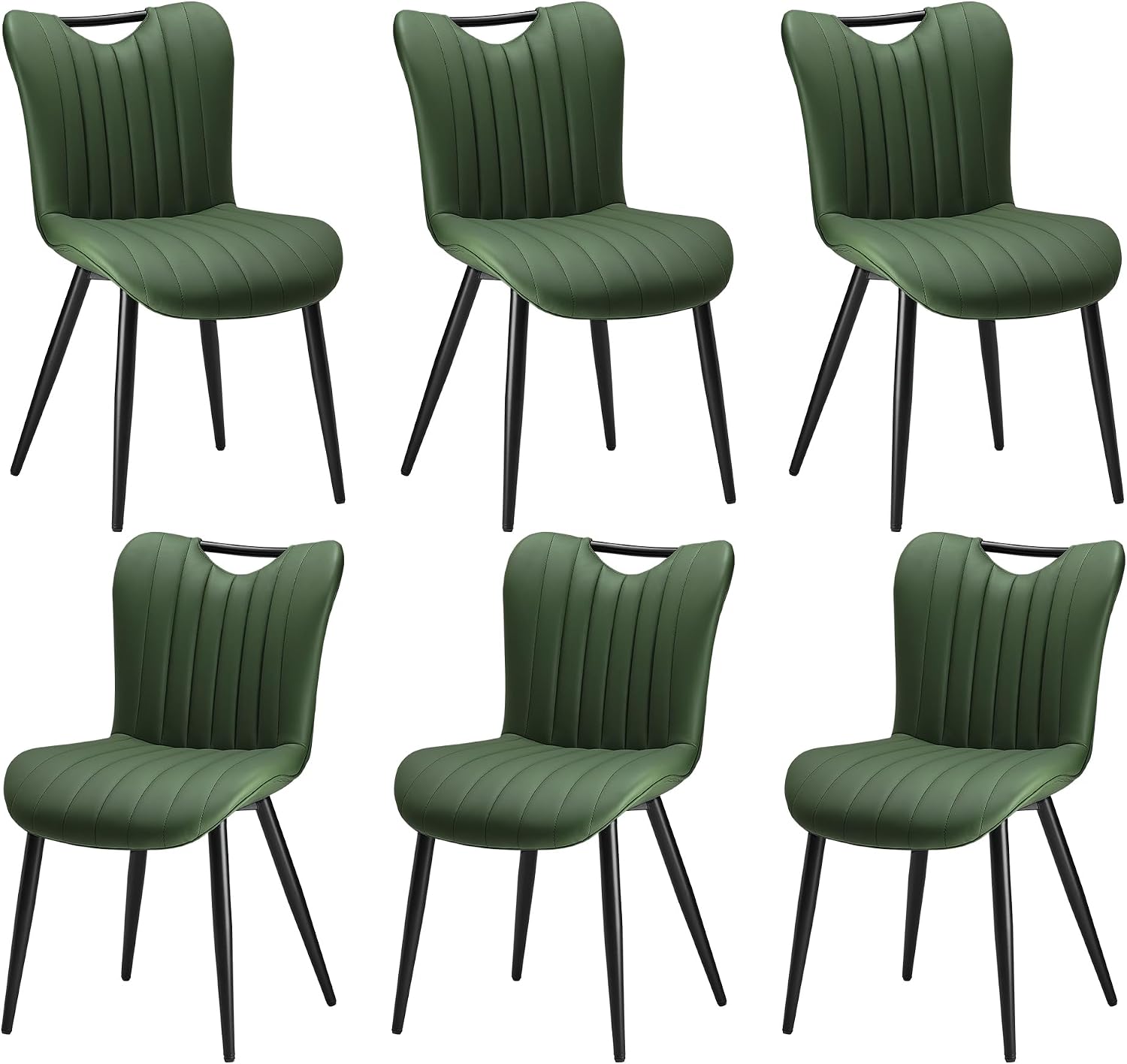 Leather Upholstered Dining Chairs Set of 6, Mid-Century Modern Kitchen Dining Room Chairs with Black Metal Legs, Armless Faux Leather Accent Dinner Chairs Kitchen Side Chairs, Green