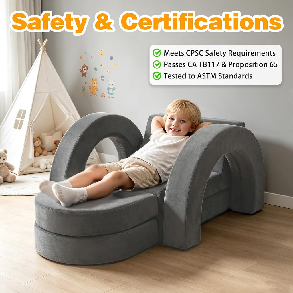 PY HOME & SPORTS Kids Modular Sofa Play Set, 7-Piece Creative Foam Couch for Children, Soft Coral Fleece, Multiple Configurations, Improves Hands-On Skills & Imagination, Compressed Packaging