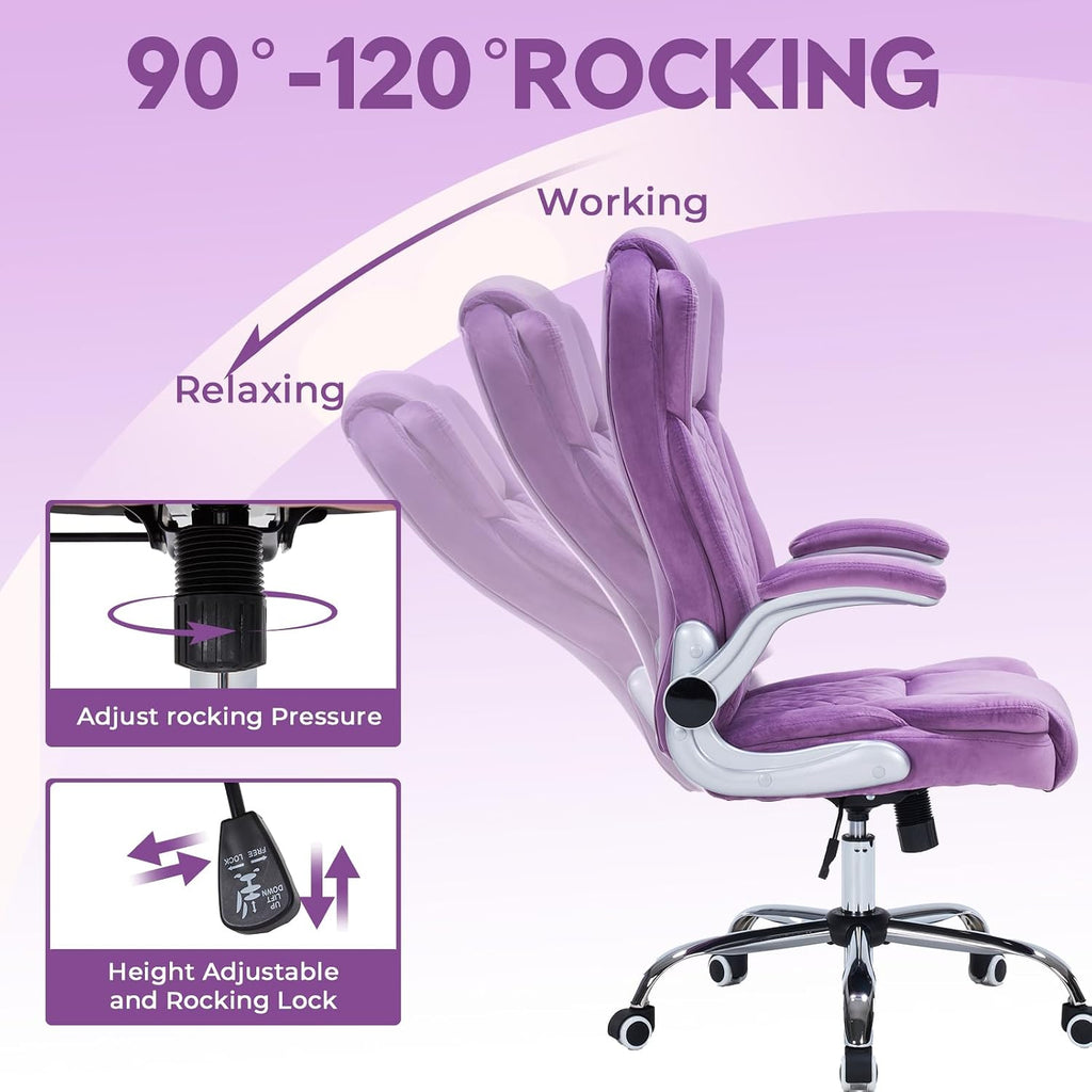 400lbs Executive Office Chair with Flip-Up Armrests, Big and Tall Computer Chair for Heavy People, Heavy Duty Ergonomic Comfy Chair, Breathable Plush Velvet(Purple)