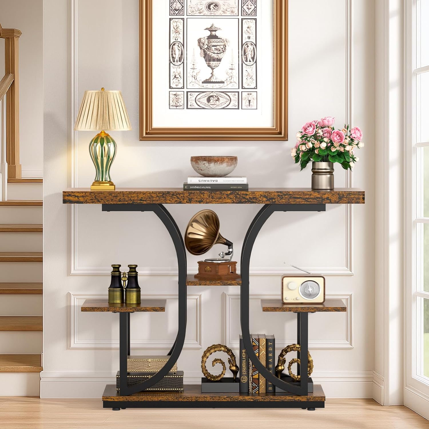 ikkle 42.5" Console Table, Industrial 4-Tier Sofa Table Entryway Table with Curved Base, Narrow Wood Accent Tables with Storage Shelves for Living Room, Hallway, Foyer, Rustic Brown