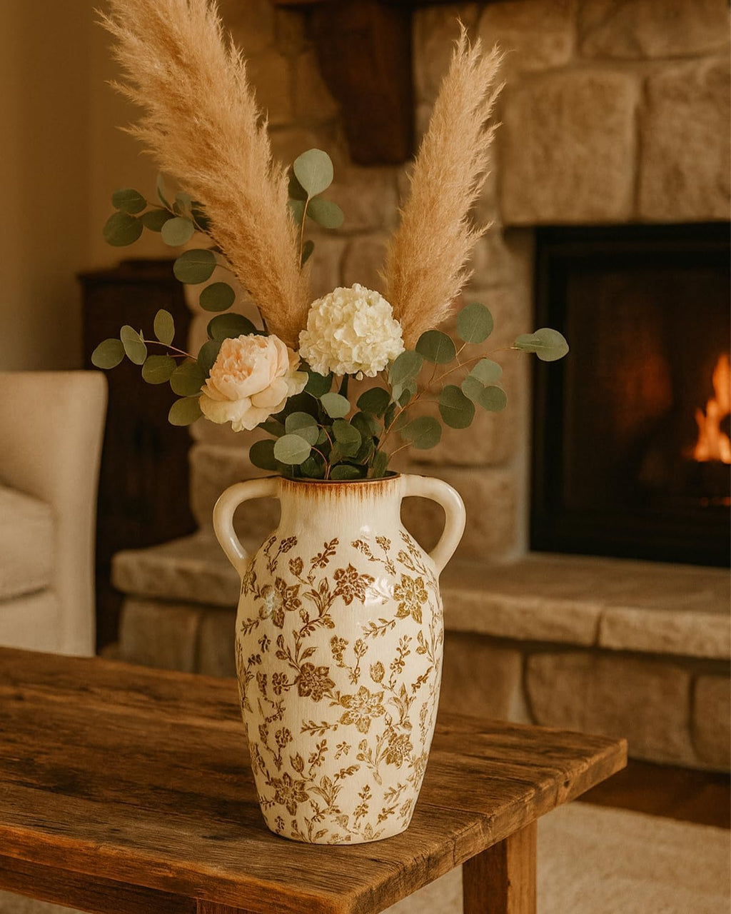 Vintage Ceramic Vase with Handles, 9.45 Inch Crackle Glaze Floral Pattern Vase, Rustic Farmhouse Decorative Flower Vase for Table Centerpieces, Boho & Chinoiserie Home Decor