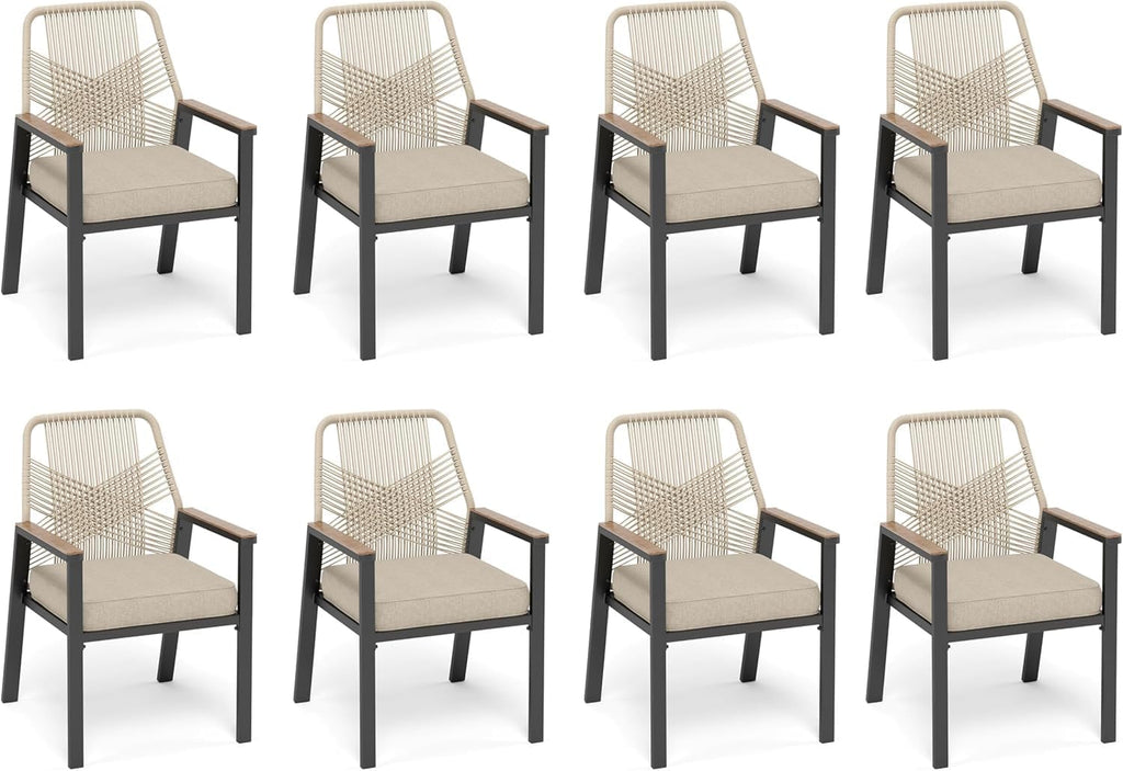SUNSHINE VALLEY Patio Dining Chairs Set of 8, Heavy-Duty Woven Rope Outdoor Chairs with Waterproof Cushion and Wrought Iron Frame, All-Weather Outside Seating for Kitchen Garden Deck Backyard