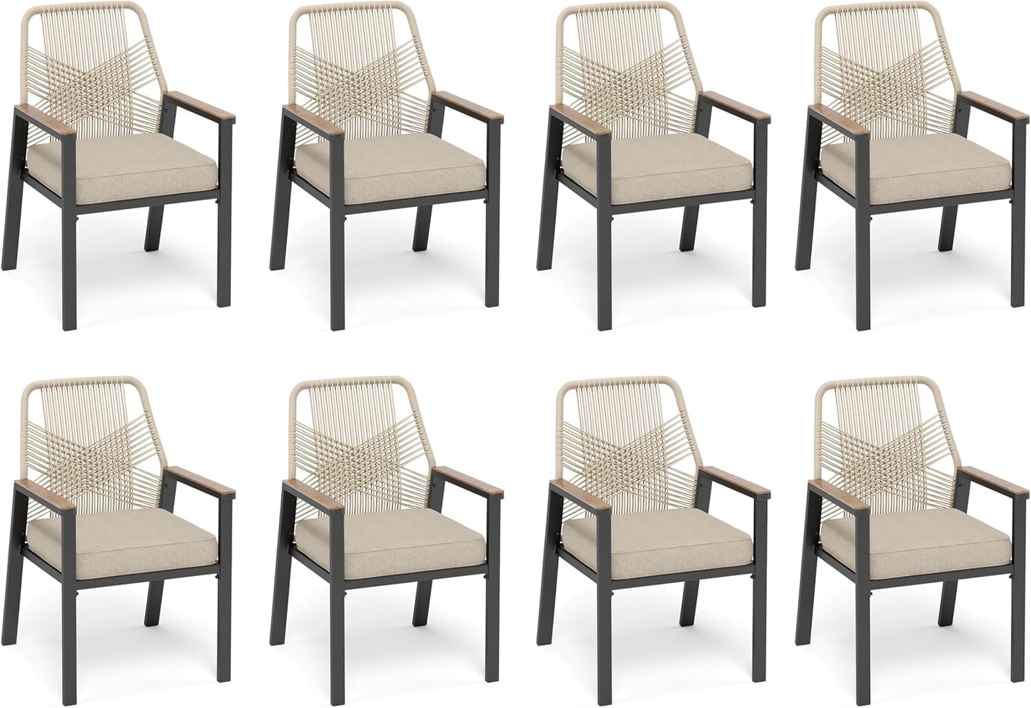 SUNSHINE VALLEY Patio Dining Chairs Set of 8, Heavy-Duty Woven Rope Outdoor Chairs with Waterproof Cushion and Wrought Iron Frame, All-Weather Outside Seating for Kitchen Garden Deck Backyard