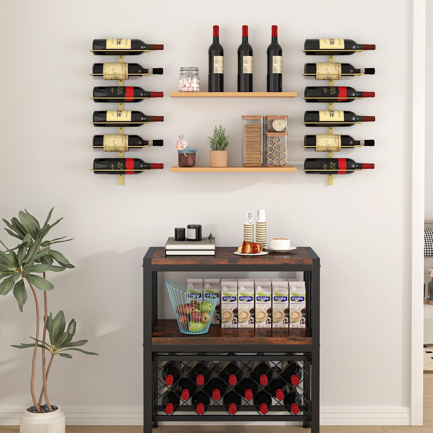 B4Life Wine Rack and Holder Wall Mounted 12 Bottles, Metal Hanging Mount Racks for Wall, Liquor, Champagne for Bottles Storage Home Bar, Cellar and Kitchen, Dining Room (Yellow, 12 Bottle)